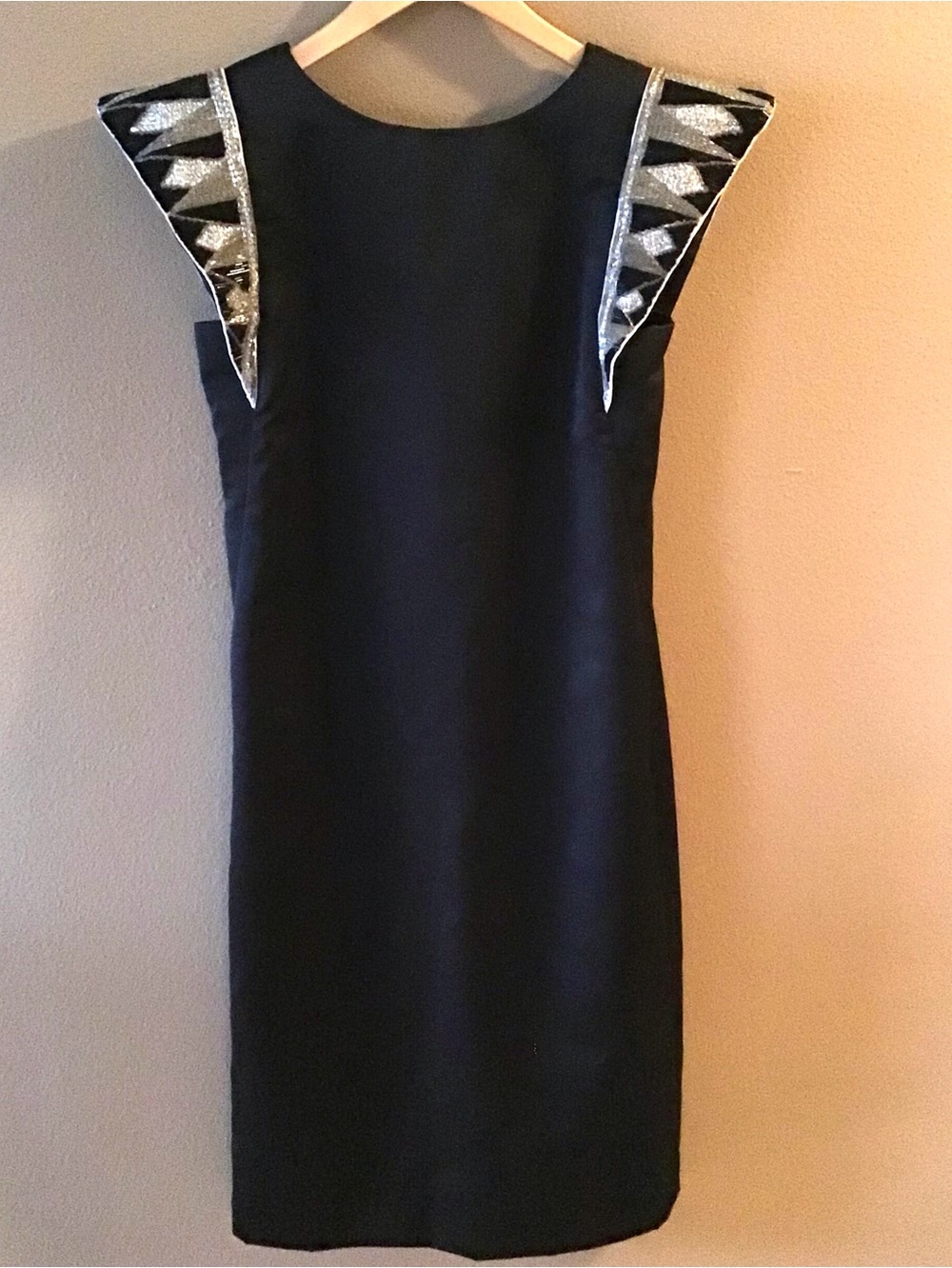 Vintage Art Deco 1980s Oleg Cassini Black Satin Dress Sequins Square Shoulders